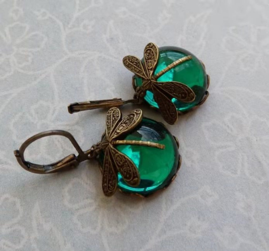 Vintage Bronze Dragonfly and Bee Earrings with Inlaid Moonstone