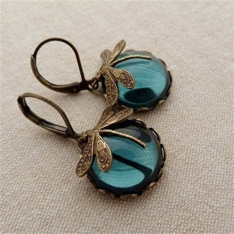 Vintage Bronze Dragonfly and Bee Earrings with Inlaid Moonstone