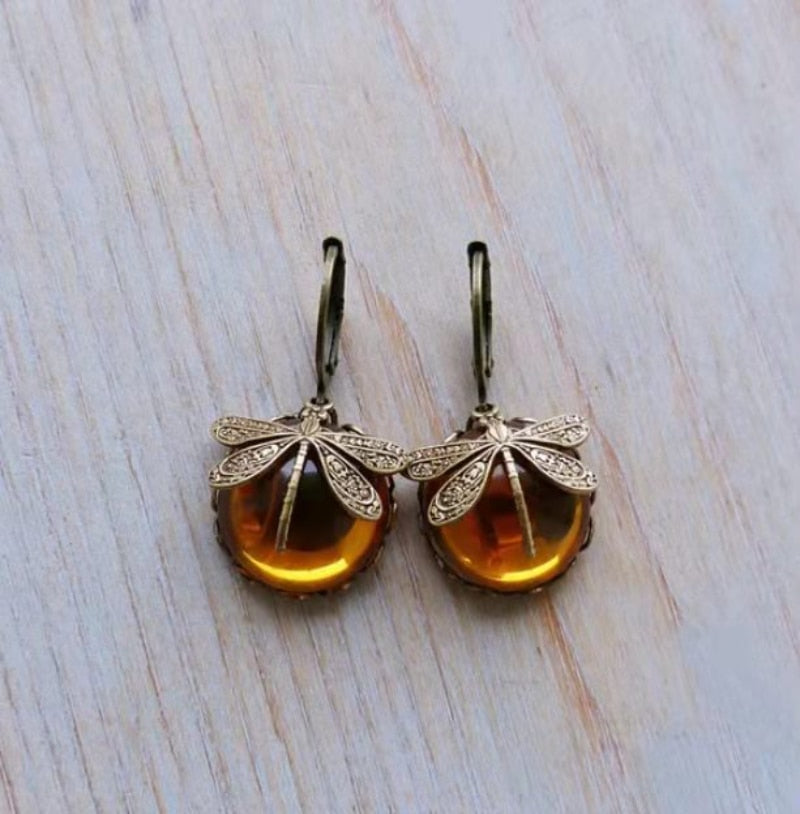 Vintage Bronze Dragonfly and Bee Earrings with Inlaid Moonstone