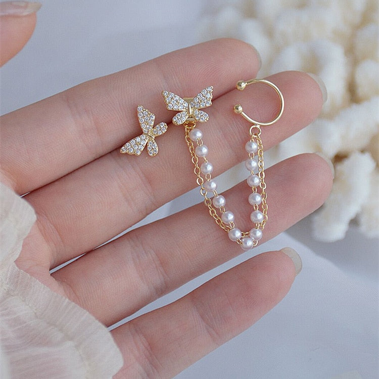 Asymmetrical Butterfly, Dolphin, Swan, Starfish & Pearl Chain Earrings