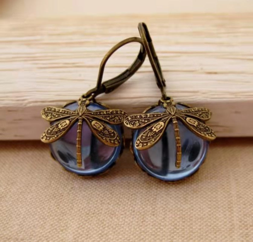 Vintage Bronze Dragonfly and Bee Earrings with Inlaid Moonstone