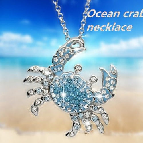 Silver & Marine Blue Rhinestone Crab Necklace