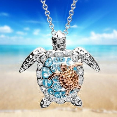 Silver & Turquoise Marine Rhinestone Turtle Necklace