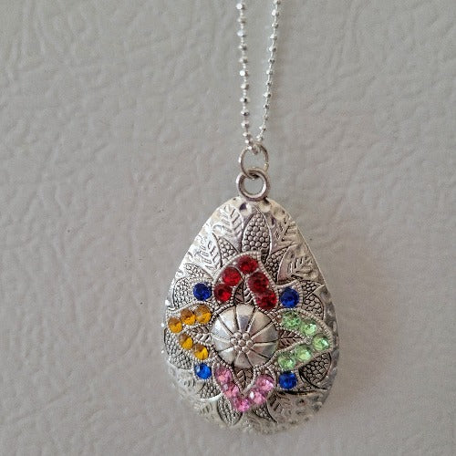 Silver Engraved Oval with Colored Rhinestones Necklace