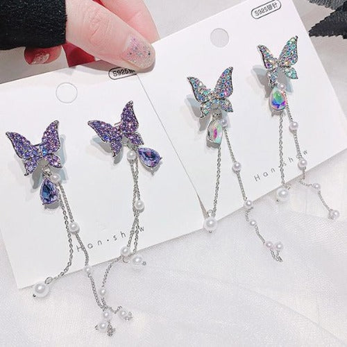 Silver Butterfly Blue Rhinestone Dangle Earrings