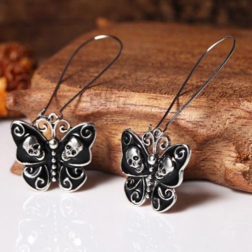 Silver & Black Halloween Dangling Butterfly & Skull Earrings