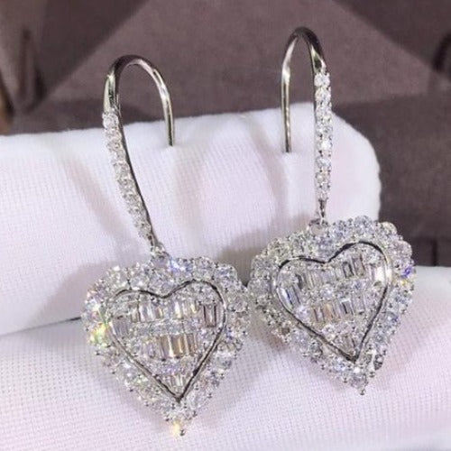 Silver Rhinestone Heart Drop Earrings