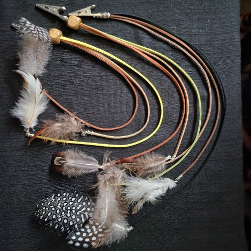 Braided & Straight Cut Suede Clip Ons with Feathers, Silver Charms