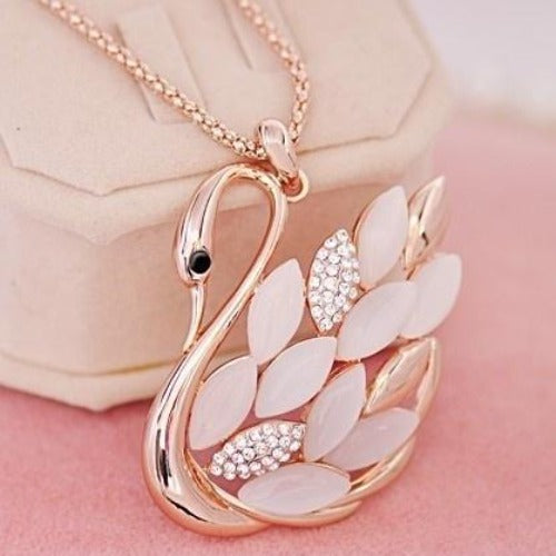 Opal, Rose Gold & Rhinestone Swan Necklace