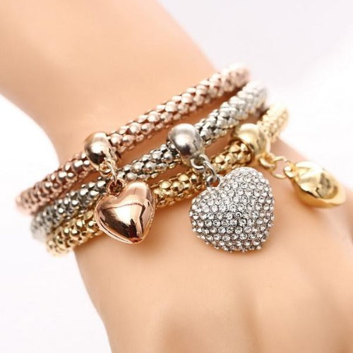 Brass, Silver, Bronze Tri Bracelets with Heart Charms 3 pcs