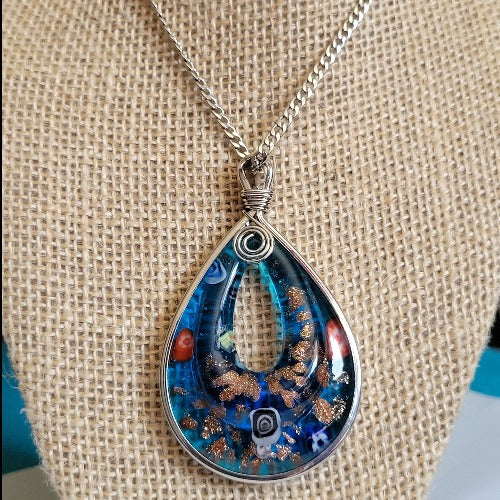 Silver, Turquoise, Green, Blue, Gold Swirls Glass Pendant Necklaces 24in / 61cm