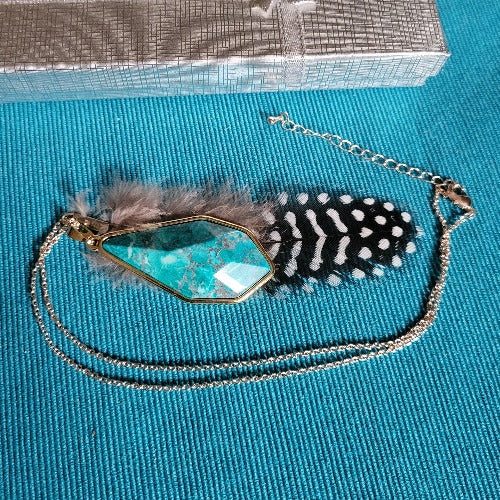 Gold & Turquoise Diamond Shape with Feather Necklace