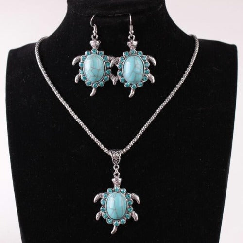 Silver Sea Turtle Necklace & Earrings Set