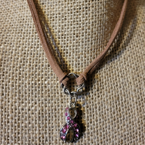 Leather Necklaces with Pink Rhinestone Breast Cancer Ribbon Charm