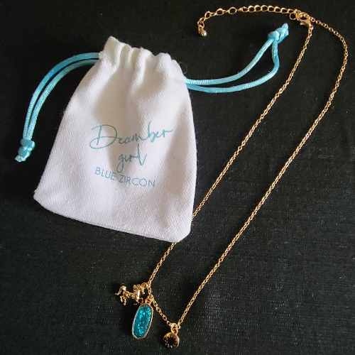 December Blue Zirconia Birthstone, Gold Chain 17in 43cm