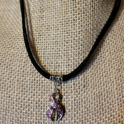 Leather Necklaces with Pink Rhinestone Breast Cancer Ribbon Charm