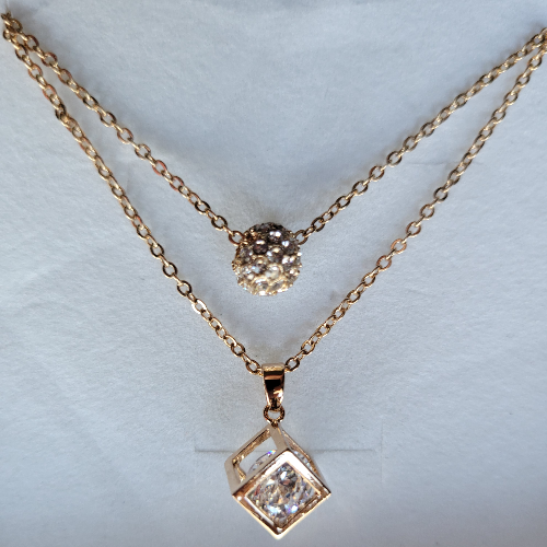 Multi-Layer Gold Chains with Rhinestone Circle & Cube Dangles