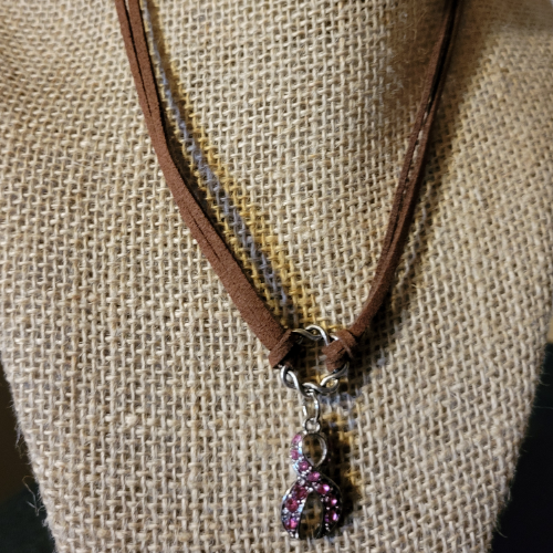 Leather Necklaces with Pink Rhinestone Breast Cancer Ribbon Charm