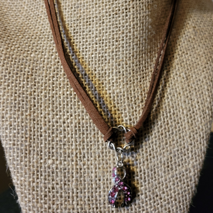 Leather Necklaces with Pink Rhinestone Breast Cancer Ribbon Charm