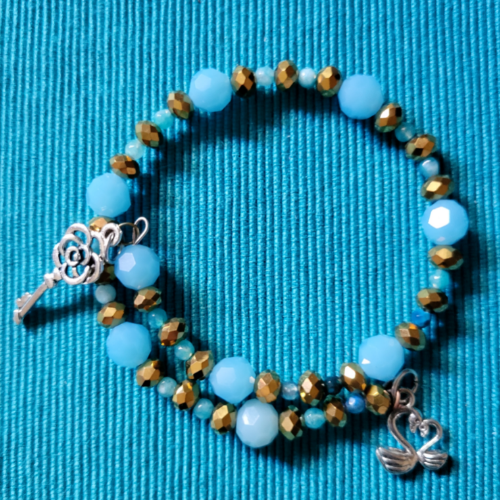 Gold Sky Blue Turquoise Beads Wrist Wrap 2 Charms