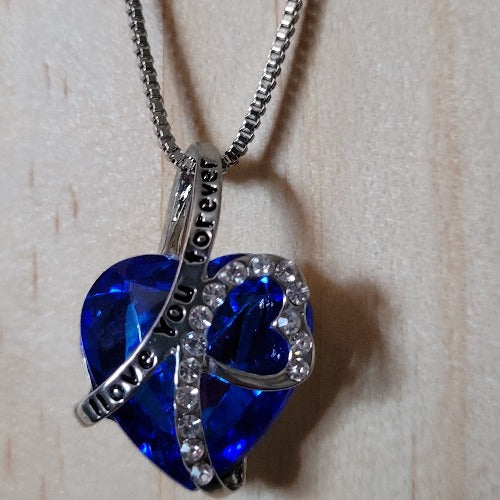 Silver & Turquoise Dark, Blue I Love You Forever Crystal Heart Necklaces Small & Medium