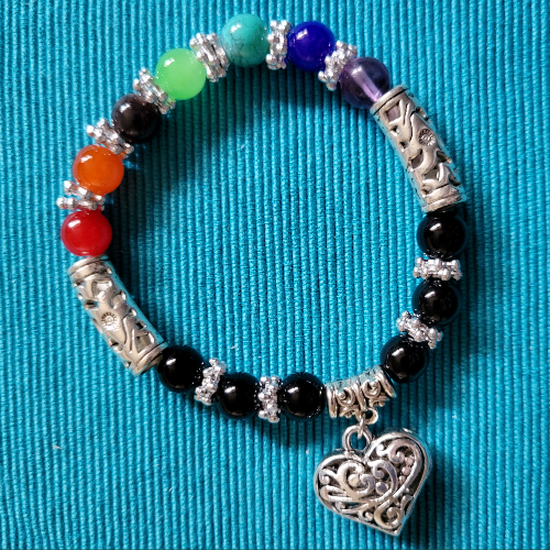 Silver Drop Heart Pendant Colorful Beads Elastic Wrist Wrap