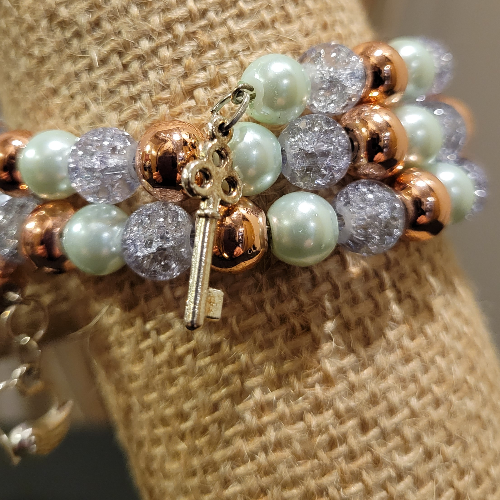 Pale Green, Gold, Clear 3 Layer Wrist Wrap with 2 Charms