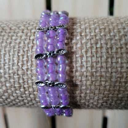 Turquoise, Mauve, Clear, Silver Seed Beads Elastic Wrist Wrap with Dividers