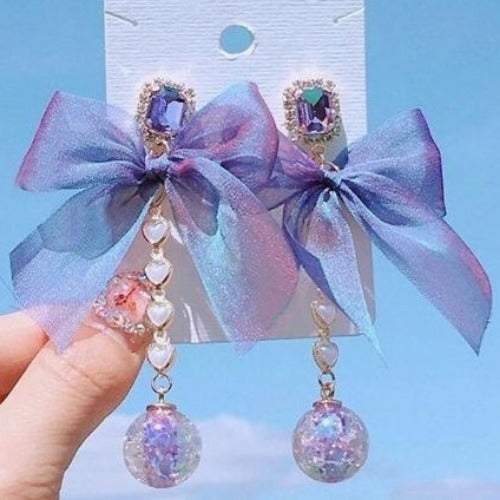 Korean Purple Crystal Bowknot Long Drop Heart Earrings