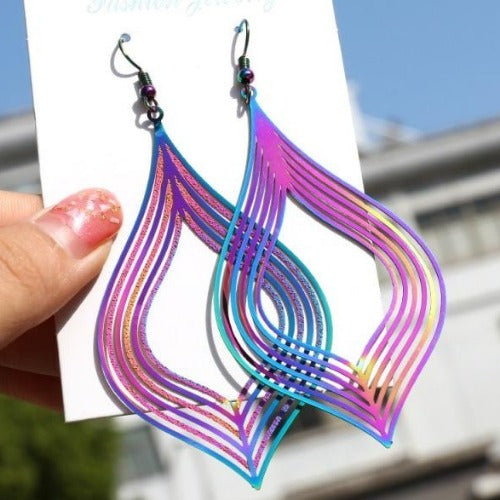 Gradient Rainbow Colorful Hollow Rhombus Drop Earrings