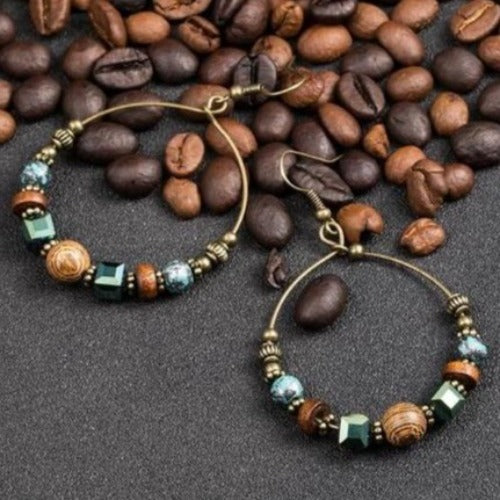 Green and Coffee Colored Crystal Hoops