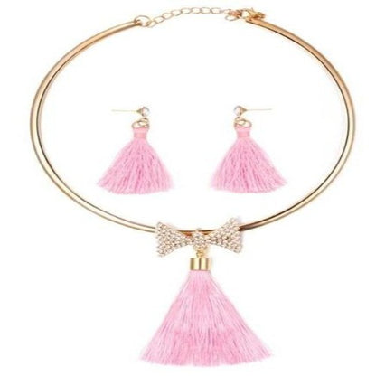 Gold & Crystal Encased Pearl Colorful Tassels Necklace & Earrings