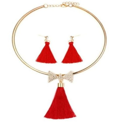 Gold & Crystal Encased Pearl Colorful Tassels Necklace & Earrings