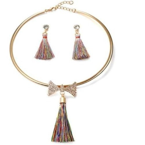 Gold & Crystal Encased Pearl Colorful Tassels Necklace & Earrings