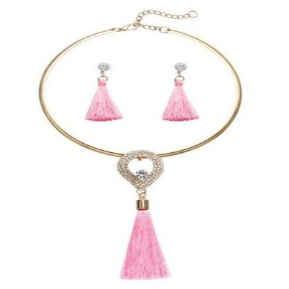 Gold & Crystal Encased Pearl Colorful Tassels Necklace & Earrings