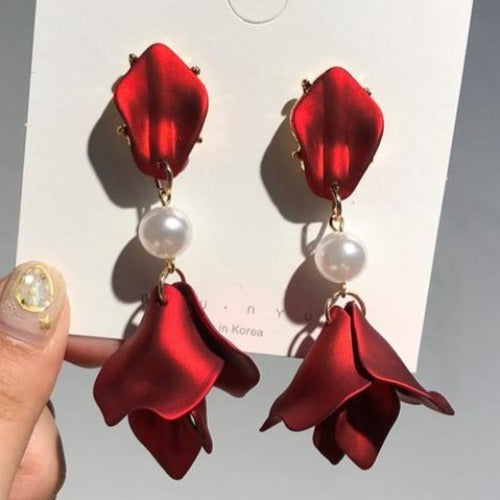 Korean Flower Petal Dangle Drop Earrings