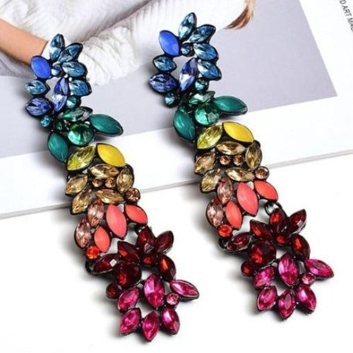 Colorful Crystal Flower Long Drop Earrings