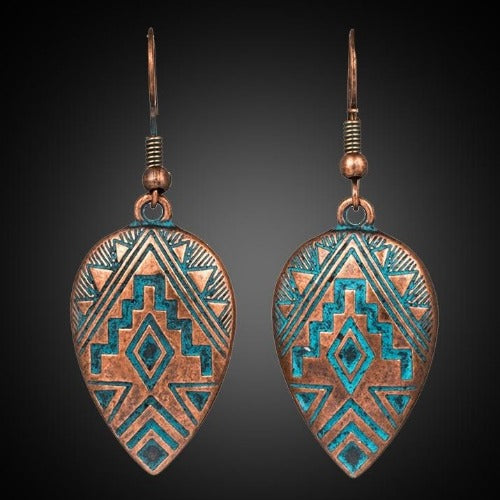 Ornamental Copper, Bronze & Turquoise Earrings