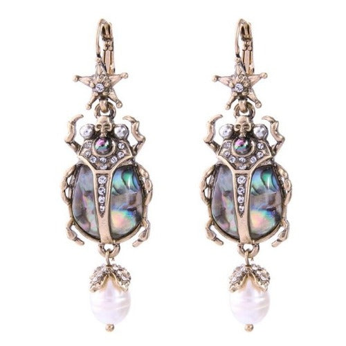 Cultured Pearl, Rhinestone & Silver Stylized Beetle Drop Earrings