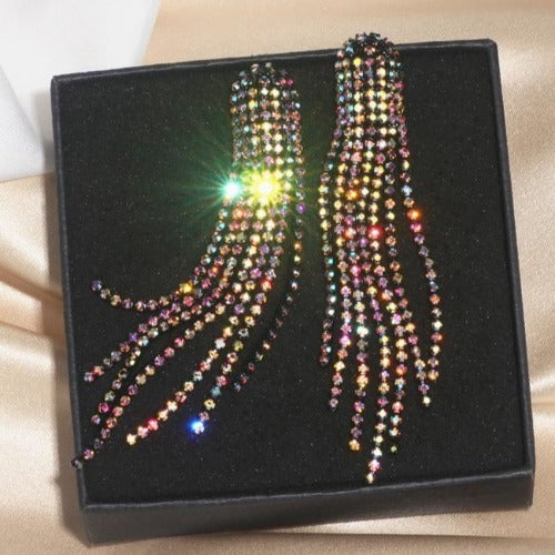 Stunning Colored Rhinestone Long Dangle Earrings