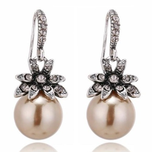 Exquisite Pearl Earrings with Inlaid Floral Rhinestones