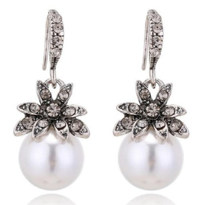 Exquisite Pearl Earrings with Inlaid Floral Rhinestones