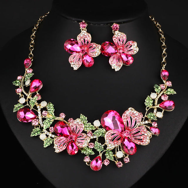 Dubai Crystal Colored Rhinestone Necklace & Earrings Sets