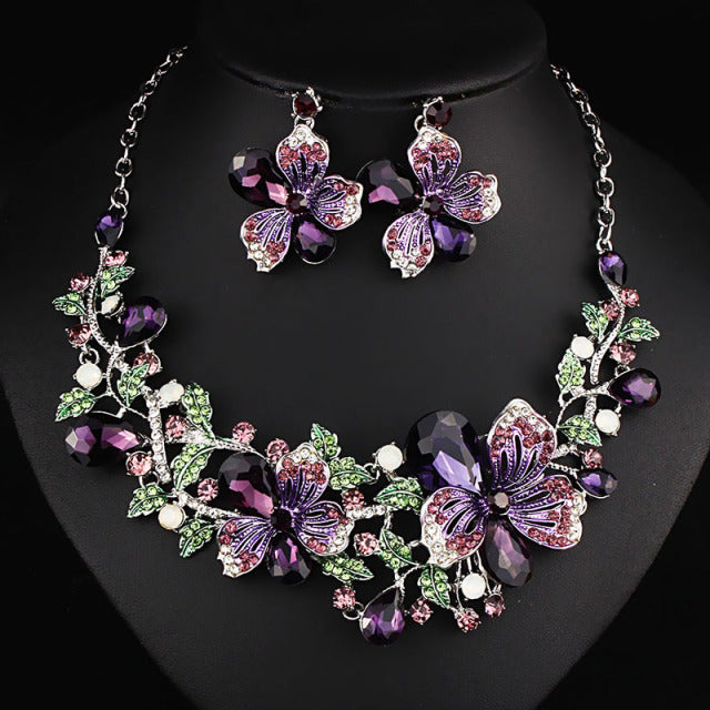 Dubai Crystal Colored Rhinestone Necklace & Earrings Sets