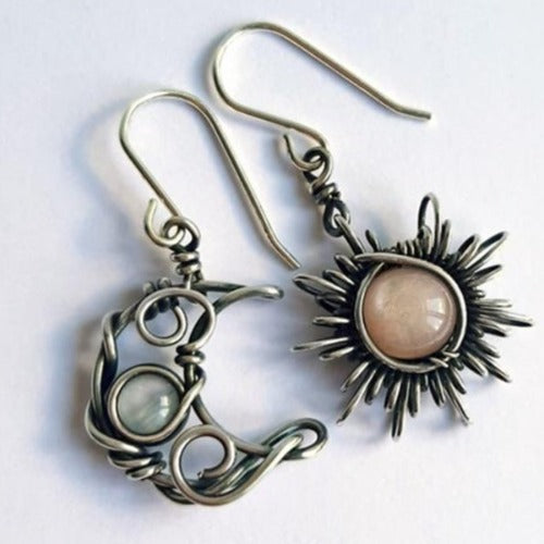 Korean Fashion Antique Silver Sun & Moon Irregular Drop Earrings