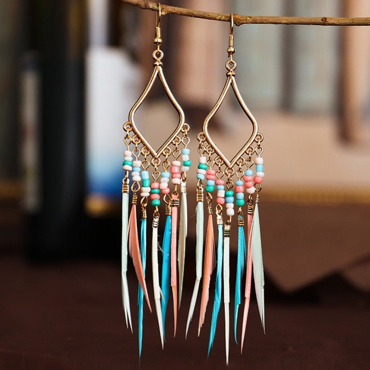 Multi-Colored Bead & Feather Earrings