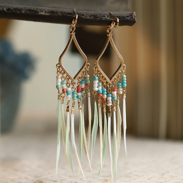 Multi-Colored Bead & Feather Earrings