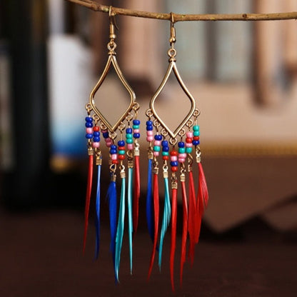 Multi-Colored Bead & Feather Earrings