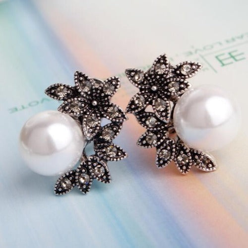 Exquisite Pearl Earrings with Inlaid Floral Rhinestones