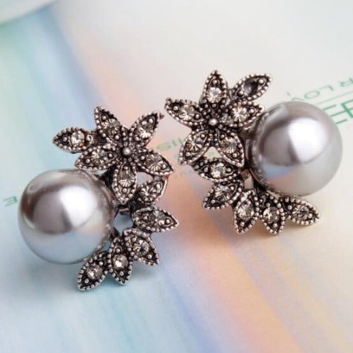 Exquisite Pearl Earrings with Inlaid Floral Rhinestones